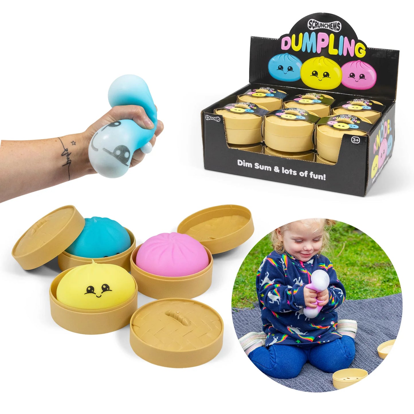 Scrunchems Dumpling Squishy Squeezy Stretchy Toy in Pink, Blue or Yellow